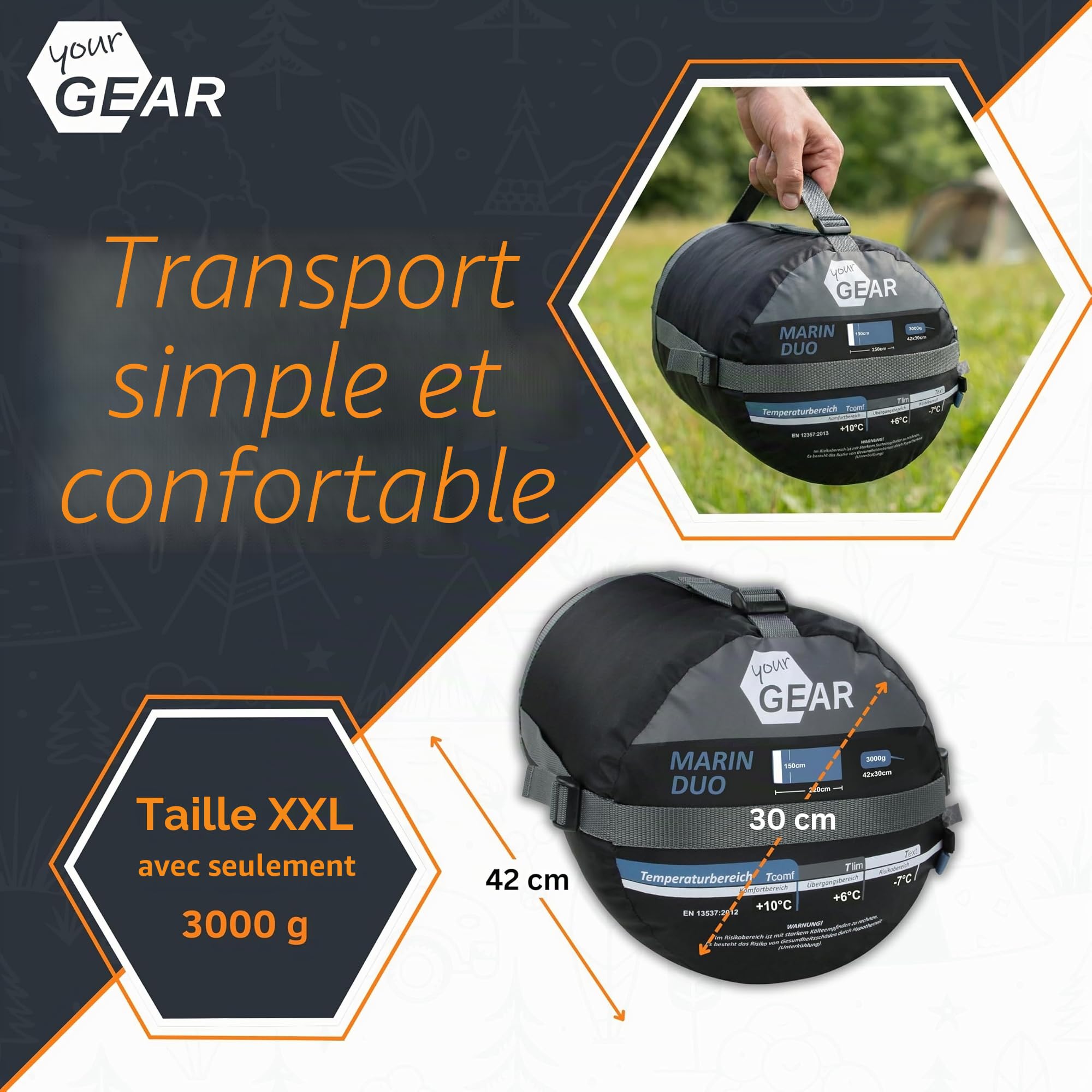 your GEAR Sac de couchage double Marin - XXL - Pour 2 personnes - 220 x 150 cm - Divisible en 2 sacs de couchage individuels - Sac de couchage de camping 3 saisons - Confort +11 °C/extrême -7 °C