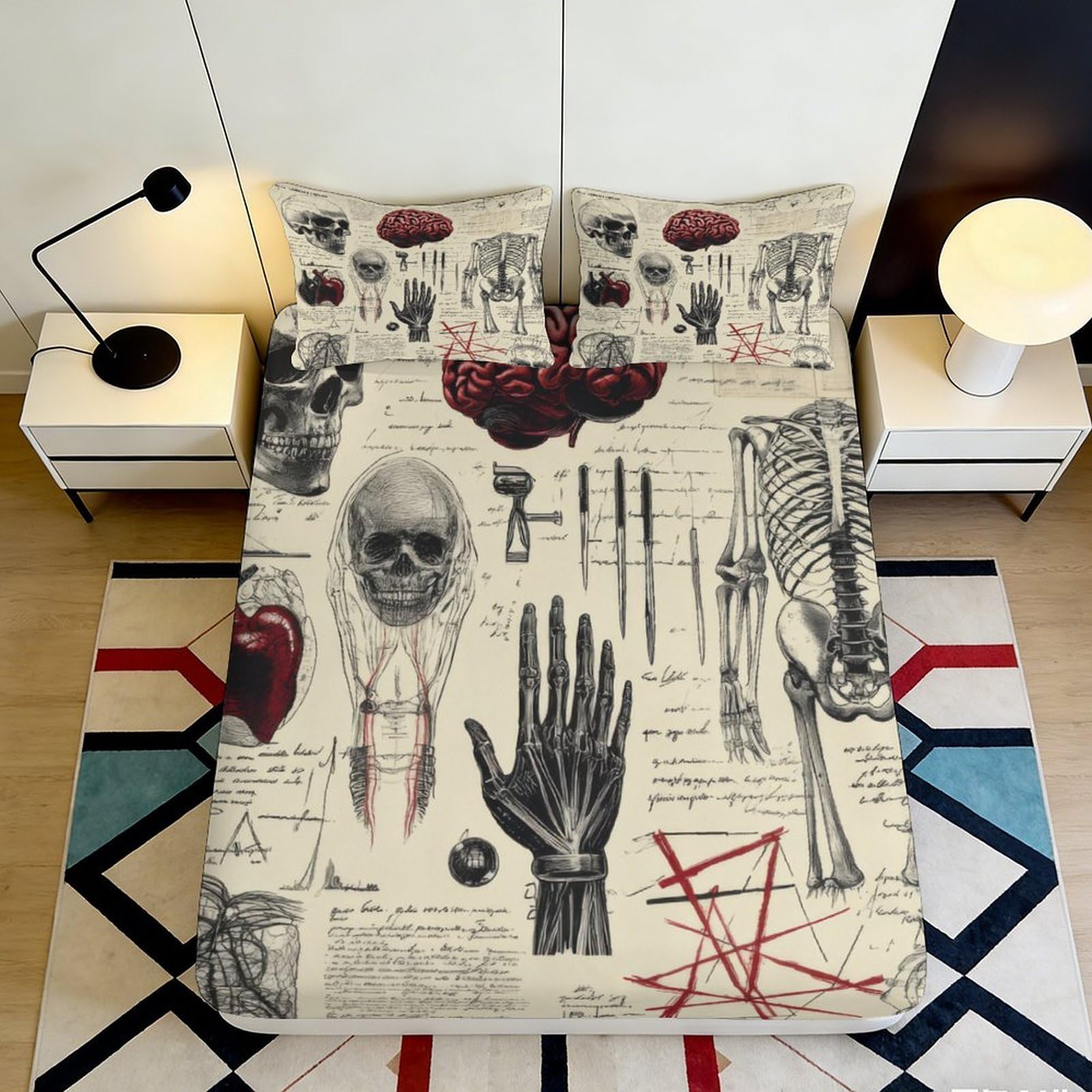 3D Printed Anatomical Sketch Fitted Sheet Microfiber Skeleton Art Mattress Cover for Bedroom Dorm Decor 120x200cm 160x200x25cm
