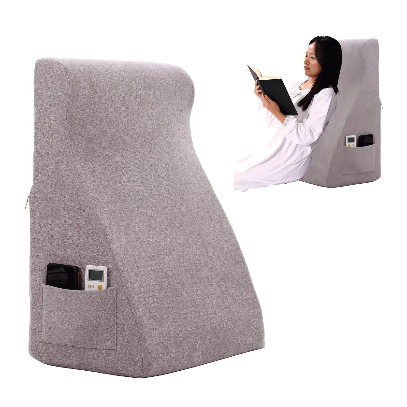 wuFQecht Bed Reading Pillow - Sofa Bed Wedge Pillow - Post-Op Recovery Backrest Pillow - Working Lumbar Support Reading Pillow with Removable Pillowcase Light Grey 27x20x12in