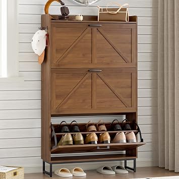 BORNOON Shoe Cabinet with 3 Flip Drawers Narrow Shoe Storage Cabinet Organizer Wooden Freestanding Shoe Rack Hidden Slim Shoes Storage Cabinet for Entryway, Hallway, Living Room, Bedroom