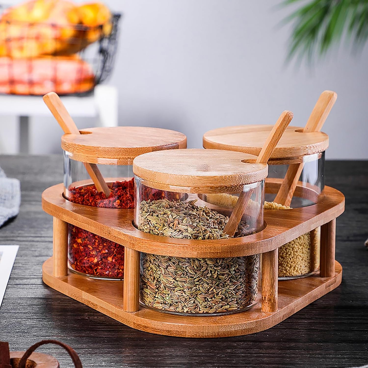 Gewürzgläser aus Glas, Gewürzdosen Gewürzbehälter Zuckerdosen mit Löffel, Bambusdeckel und TablettSet, Aufbewahrung Salz, Tee, Kaffee und Zucker für Küche und Esstisch, 3x280ML