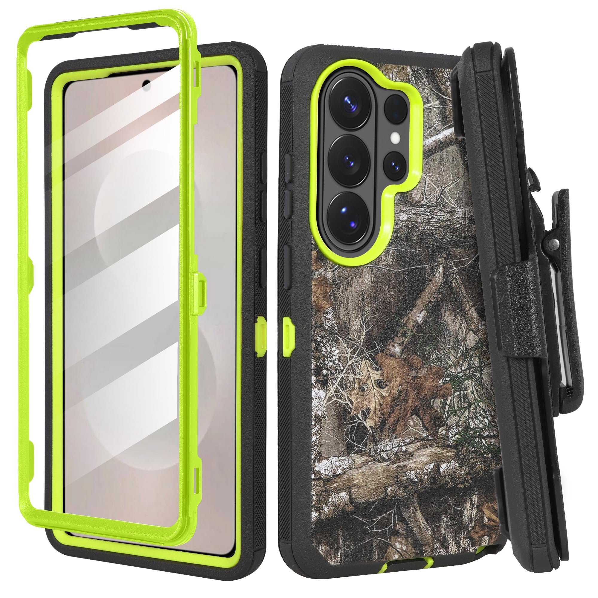 Custodia compatibile con Samsung Galaxy S26 Plus con protezione dello schermo integrata, fondina con clip per cintura, resistente agli urti, copertura robusta color lime mimetico