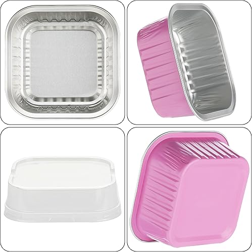 Miniatura 10 de Bakingpak - Moldes de aluminio con tapas, 50 unidades de 5 onzas individuales cuadradas con tapas, tazas desechables de aluminio para hornear, mini