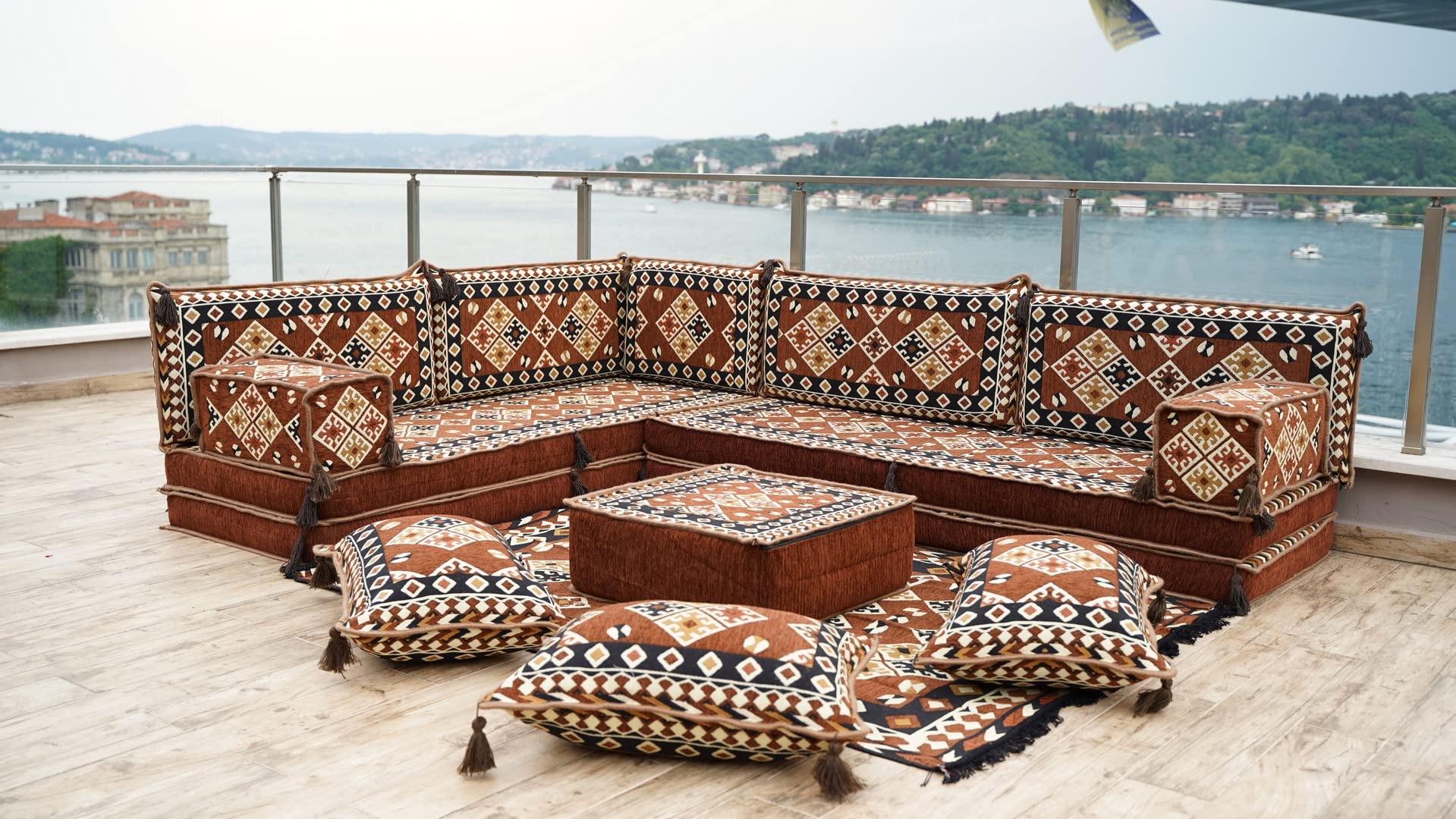 Brown Moroccan Home Decor Cushion, 4" Thickness Corner Floor Seating Set, L Shaped Floor Couch, Sectional Sofa Set, Floor Pillows, Arabic Majlis (L Sofa Full Set, 8'' Thickness (20 cm))