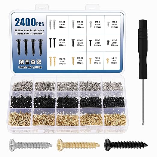 2400 Pcs M2 Self Tapping Screw, Carbon Steel Phillips Screw, Flat Head