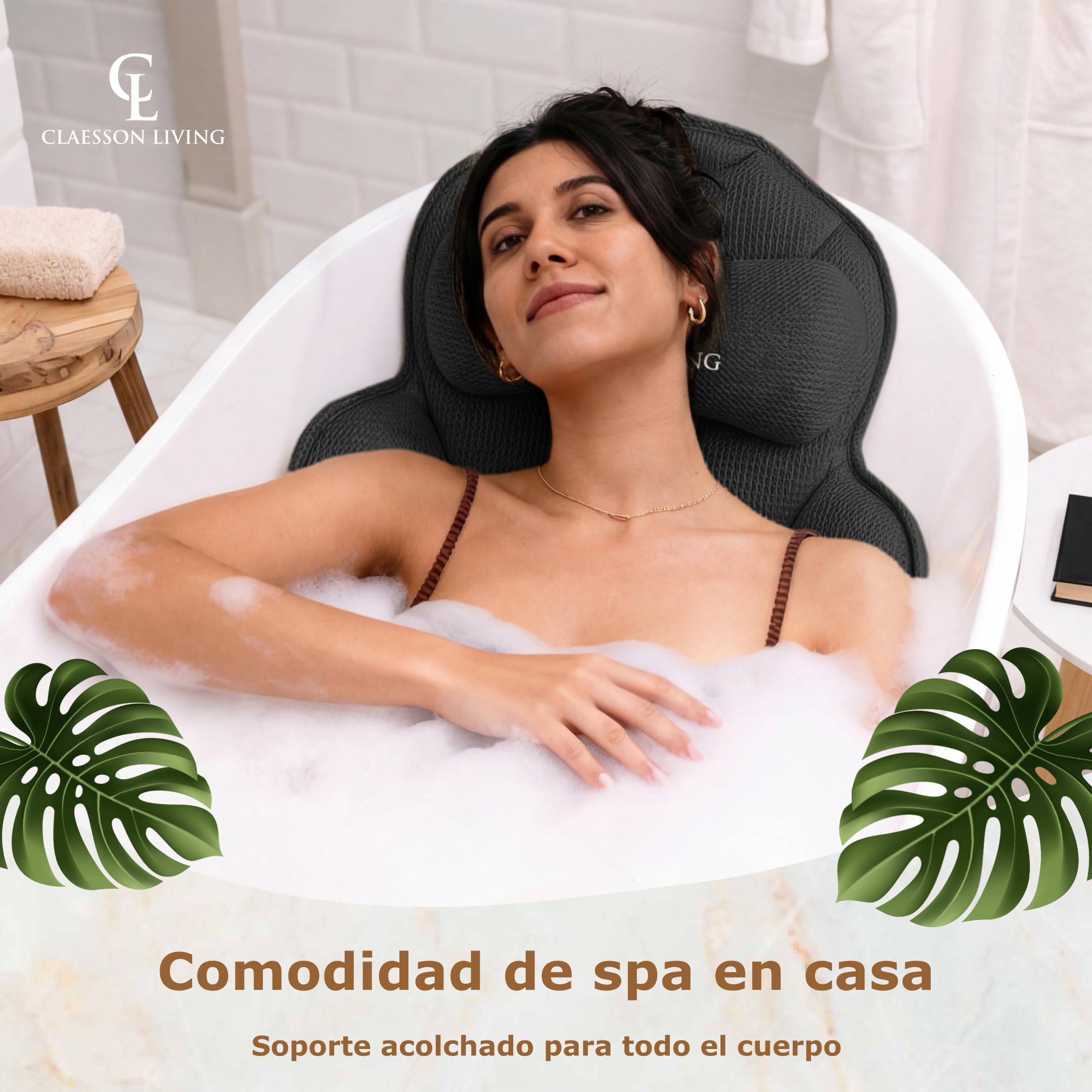 Cojin bañera (152x56cm) - Almohada bañera con apoyacabezas (11cm) y Soportes para el Cuello, Espalda y piernas – Incluye: Bath Pillow, Bolsas de Lavado y de Viaje, Gancho para Secado rápido Negro