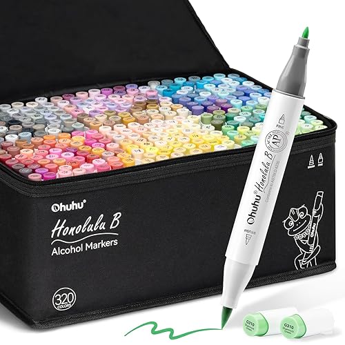 Ohuhu Colouring Pens 320 Colours Permanent Marker Pens Dual Tip Brush & Fine Sketch Marker for Artist, Students, Brush Markers for Sketching, Adult Coloring Calligraphy Drawing Illustration - Assorted