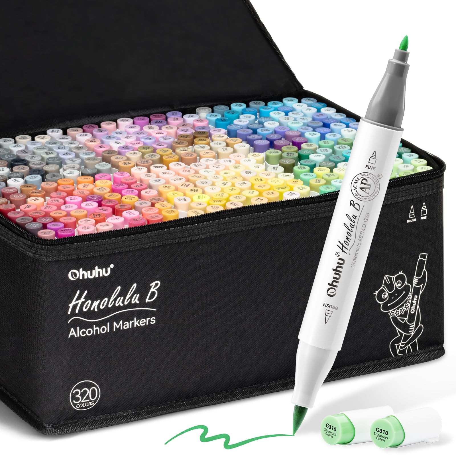 Ohuhu Pennarelli ad Alcool 320 Colori, da Disegno Doppia Punta (Pennello e Punta Fine), per Artisti Adulti Colorazione e Illustrazione, 1 Miscelatore Omaggio