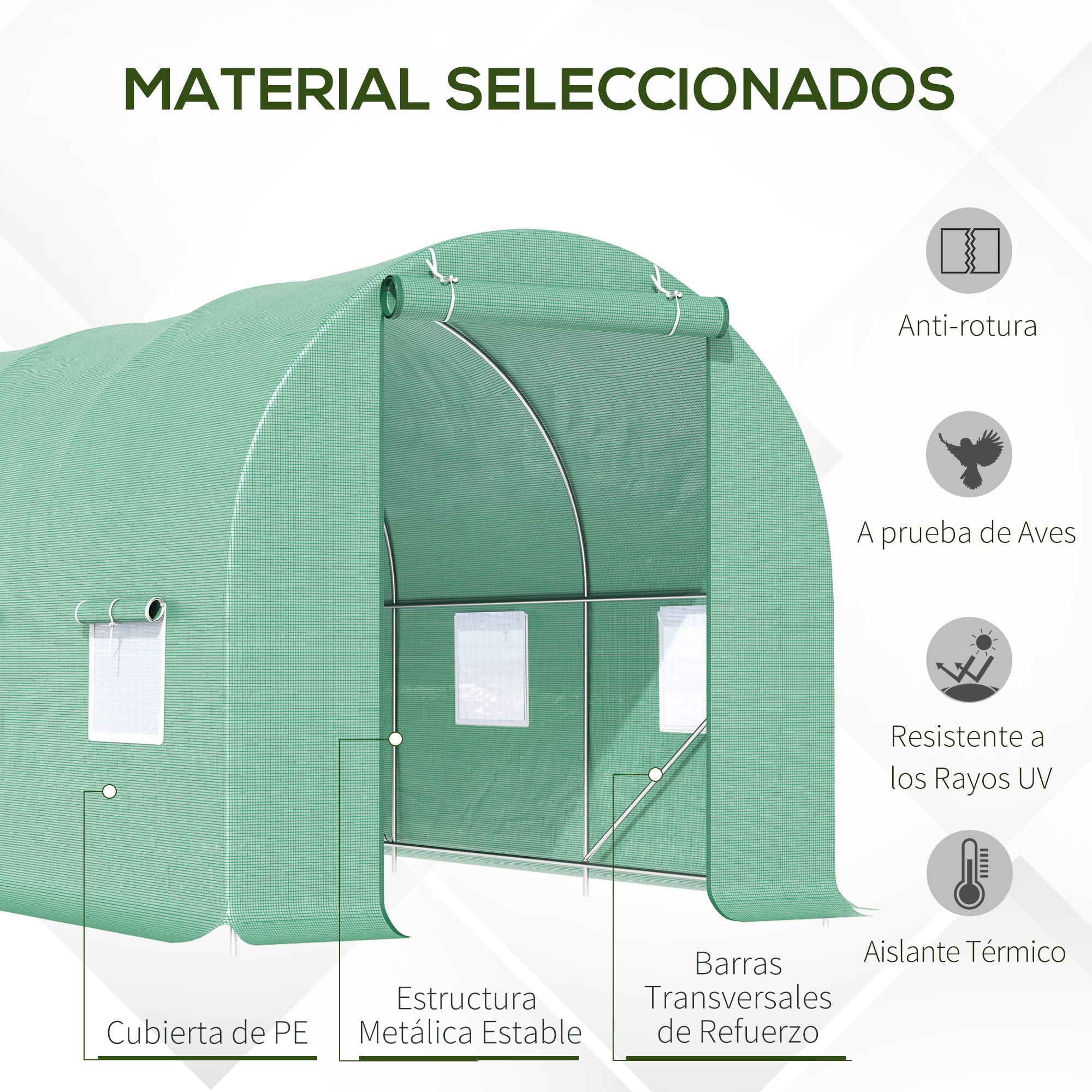 Outsunny Invernadero de Exterior 4,45x2x2 m Invernadero de Túnel con Cubierta de PE 140 g/m² para Cultivo Plantas Verduras Frutas en Jardín Terraza Verde
