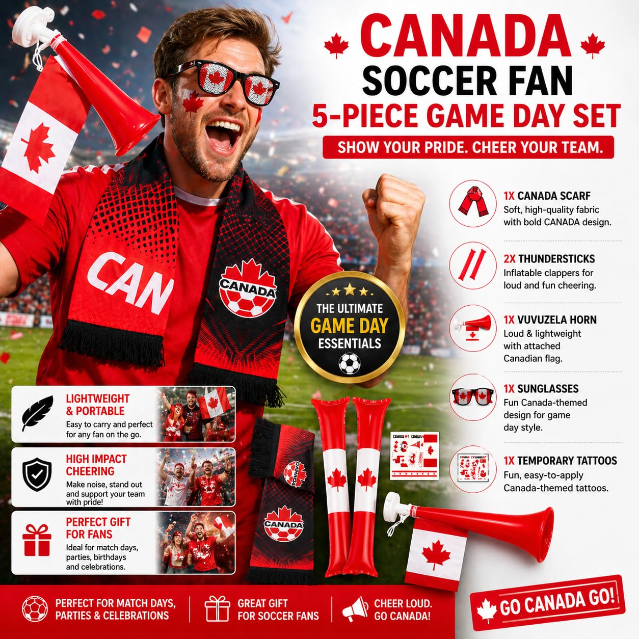 Soccer Fan Gear 5 Pcs Set 2026 World Soccer Sport Cup Party Supplies, Cheer loud and proud with 1 scarf, 2 thundersticks, 1 vuvuzela horn, novelty fan goggles, and temporary tattoos - 2