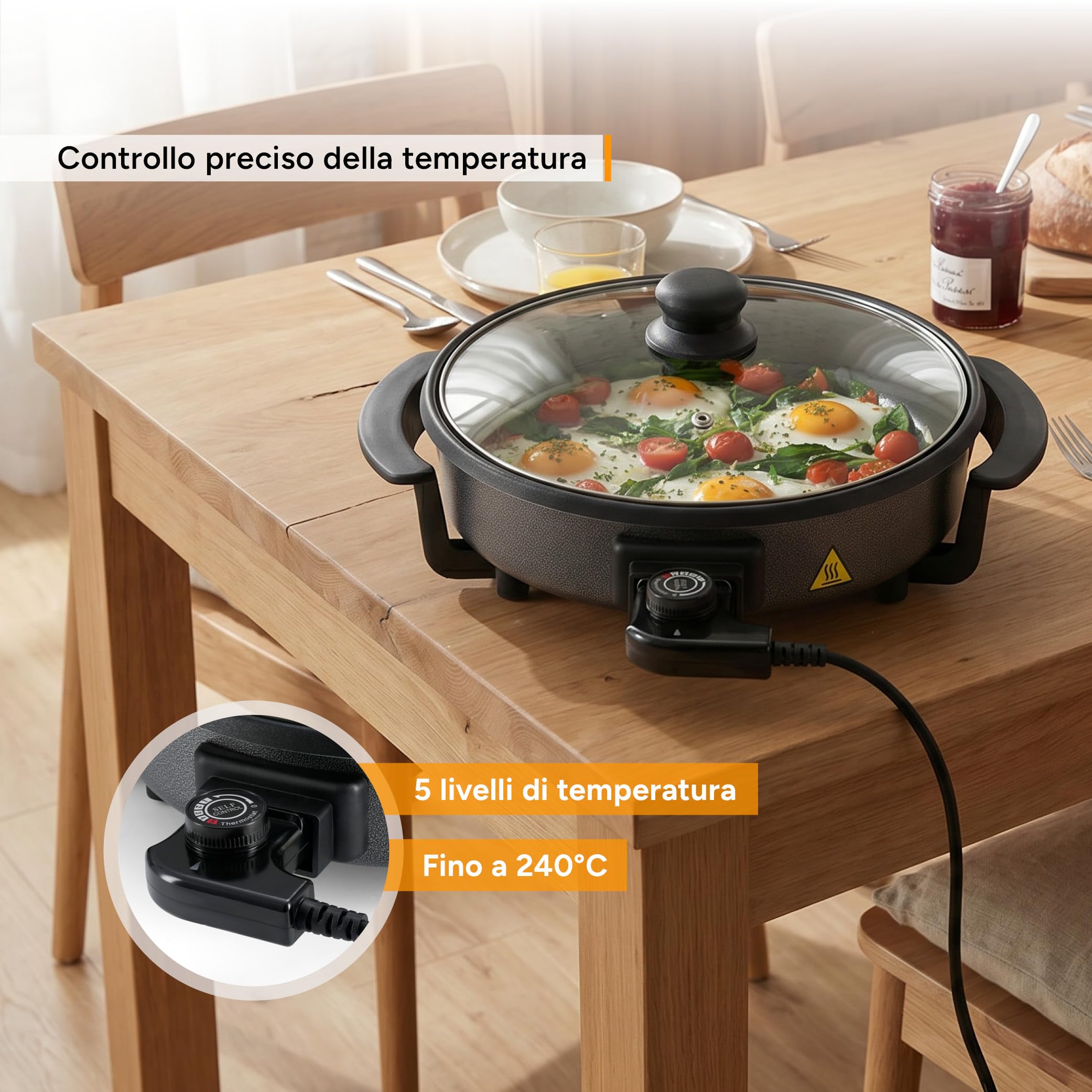 TZS First Austria - Padella Elettrica Multifunzione 1,8L - Ø 30cm - 1500W - Termostato Regolabile (90-240°C) - Rivestimento Antiaderente - Ideale per Feste e Paella - Grigio