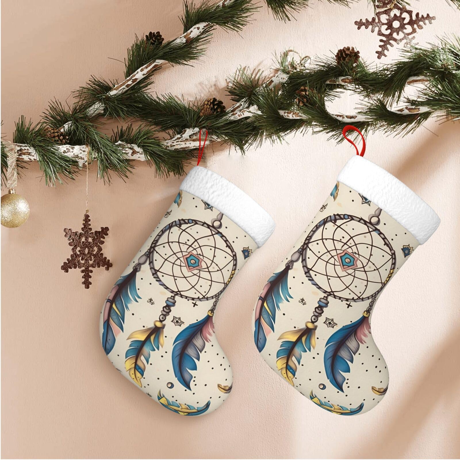 Dream Catcher and Moon Christmas Stockings Velvet Xmas Fireplace Hanging Stocking with Plush Cuff Rustic Christmas Santa Stockings for Home Christmas Decorations Party Favor Supplies