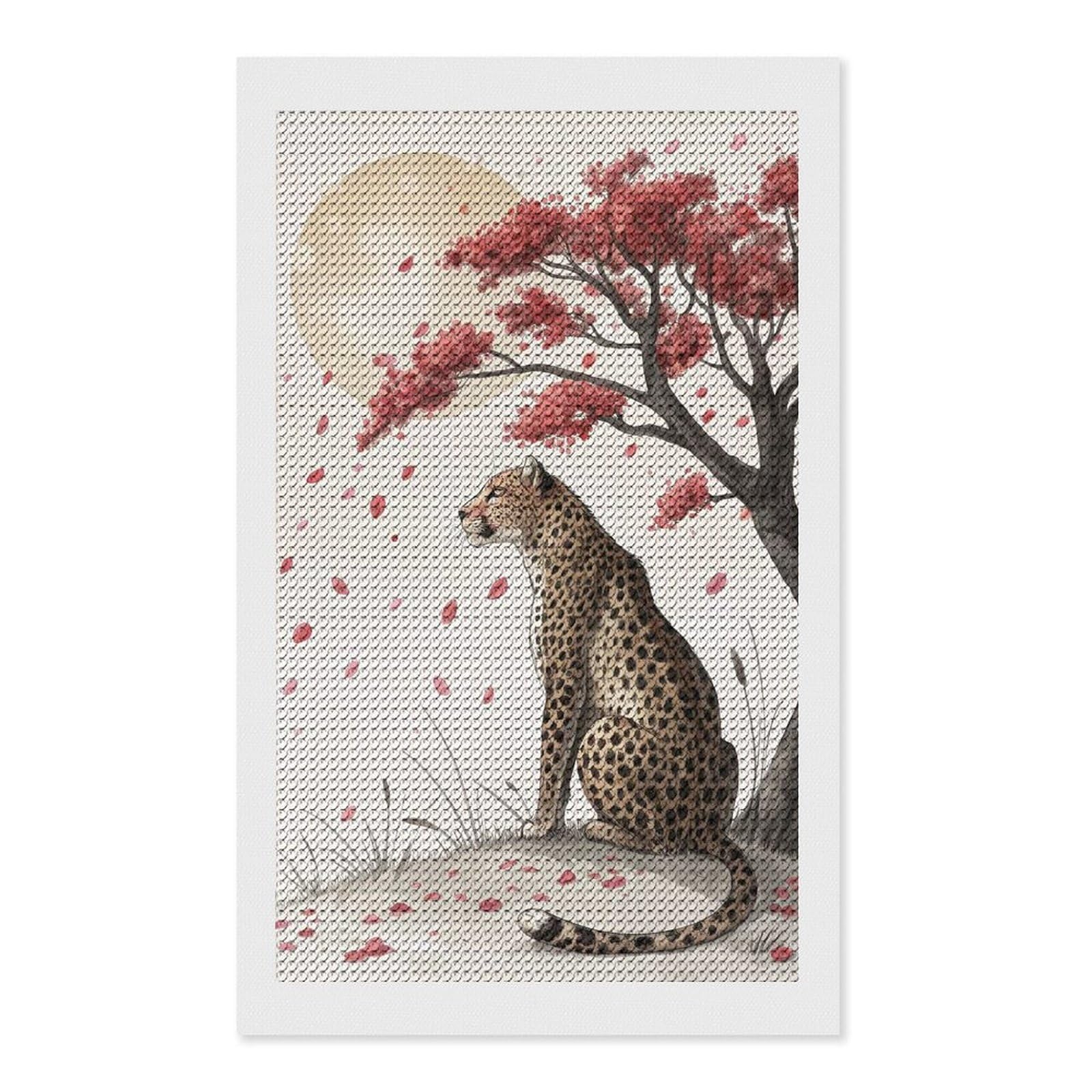 Junmoney Cheetah Under A Cherry Blossom Tree DIY Diamond Art Canvas Kit 12"x20", Winter Craft, Mindful Craft Project, Aesthetic Room Decor, Decor Project
