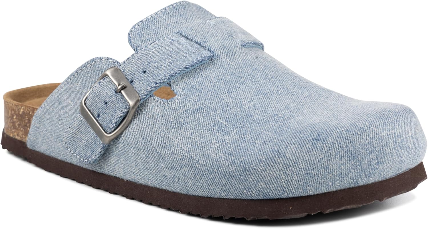 Women's Suede Clogs Slip-On Buckle Slides Leather Mules Cork Footbed Sandals Potato Shoes with Arch Support