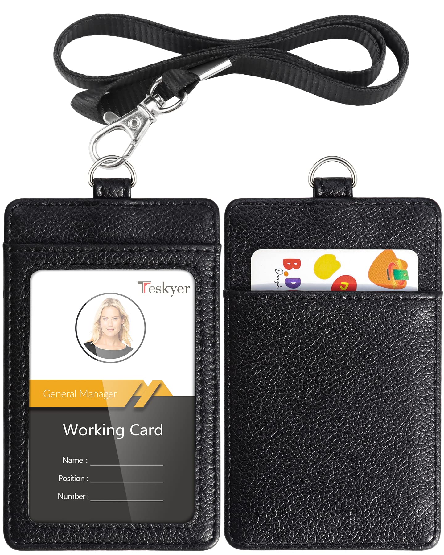 Teskyer パスケース IDカードホルダー 縦型 社員証ケース icカードケース 定期入れ ネックストラップ 吊り下げ カード入れ PUレザー 通勤 通学 メンズ レディース(縦型 ブラック)
