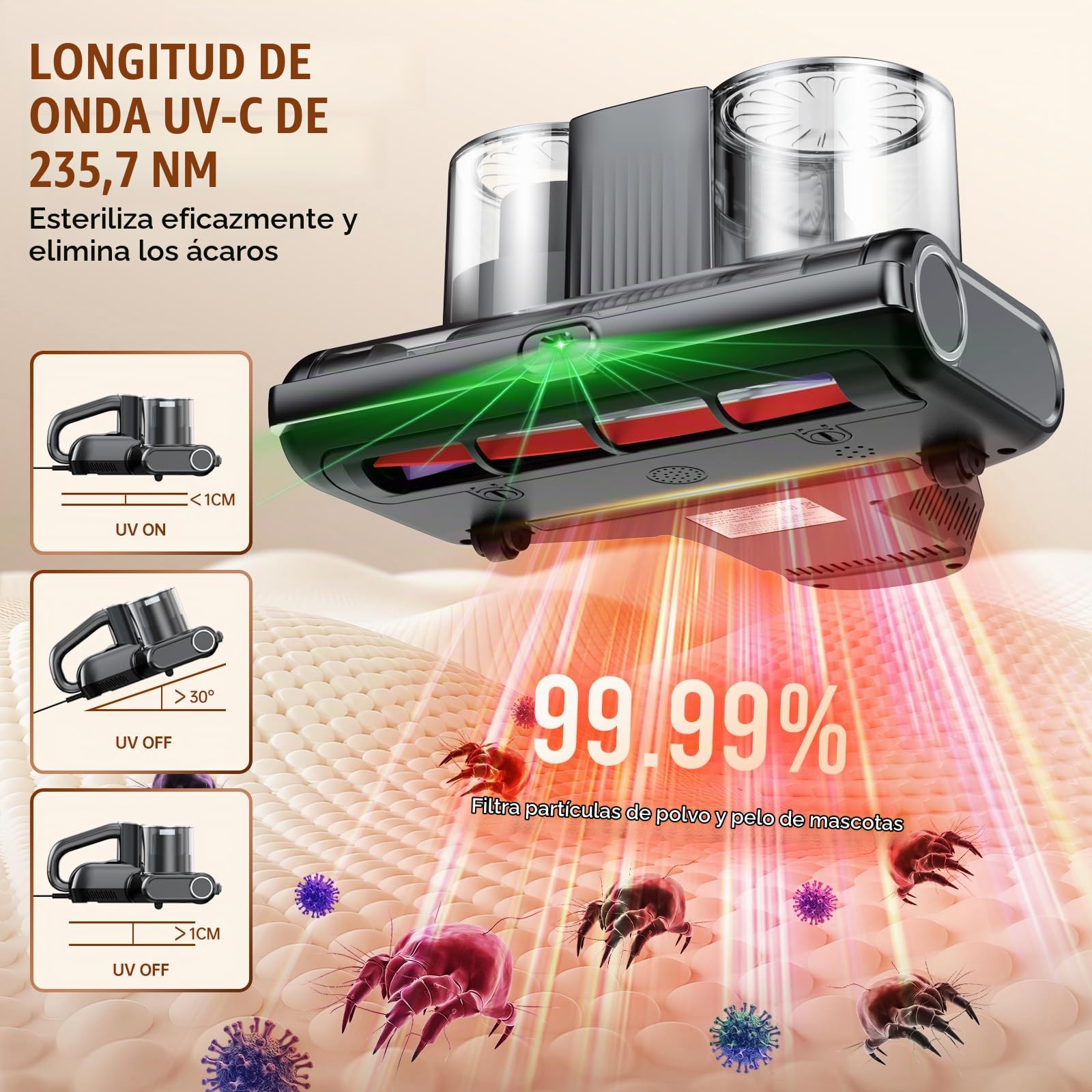 16Kpa Aspirador de Mano, Aspirador Antiácaros para Ácaros con Luz UV, 500W Handabsauger mit Kabel (Gris Oscuro)