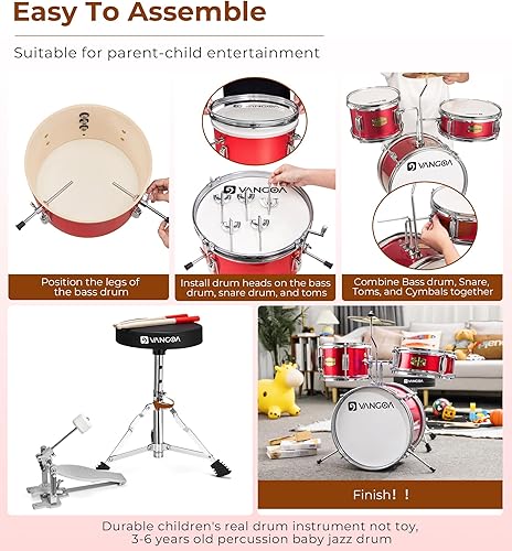 Vista 25 de Juego de batería para niños, kits de batería para principiantes de 14 pulgadas, juego de batería de 3 piezas para niños y niñas, con trono Azul