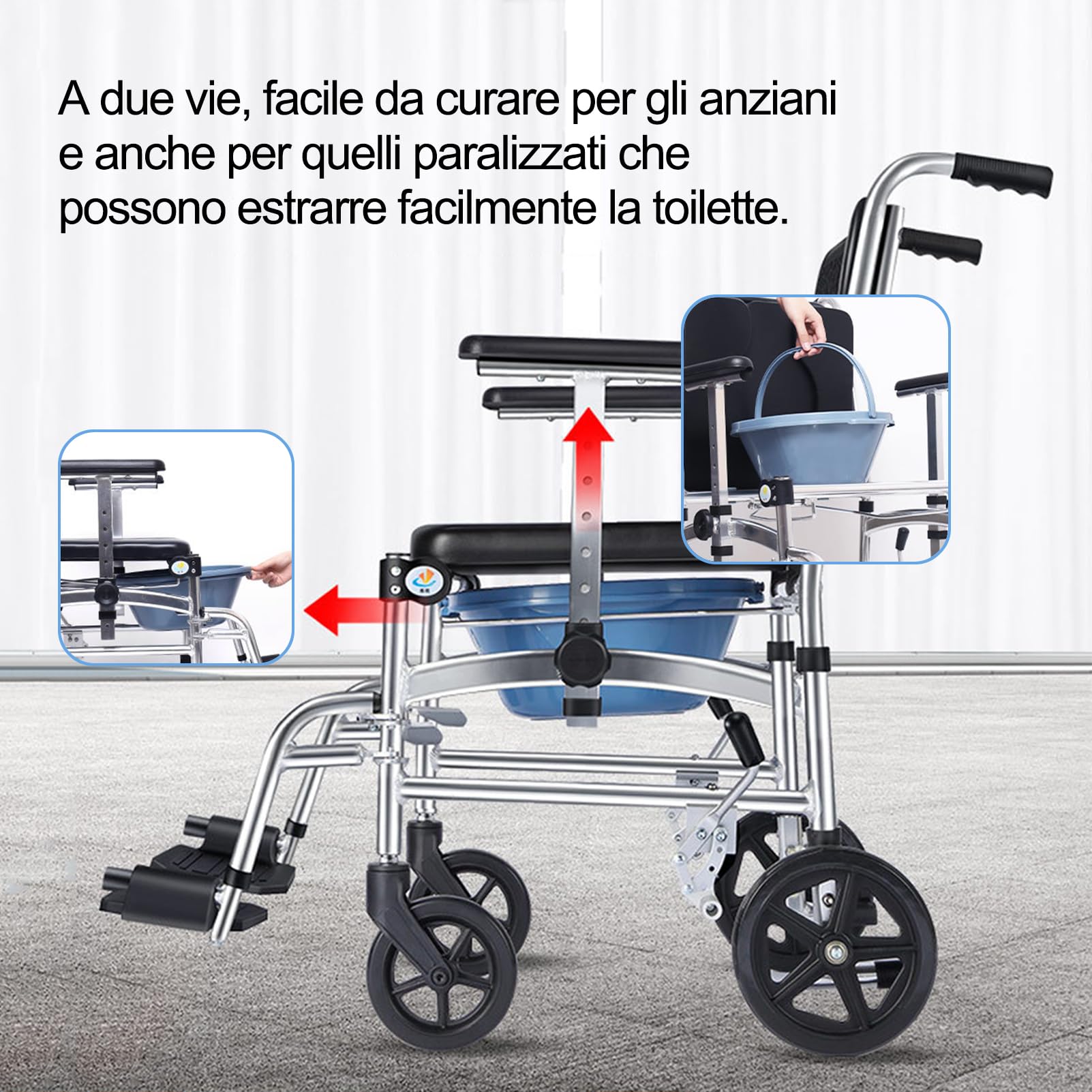 Sedia Doccia Disabili con Ruote, Sedia a Rotelle Doccia, Sedia Comoda WC per Anziani con Ruote, Sedia Wc per Disabili, Sedia Multifunzione Anziani, Comoda Wc Portatile