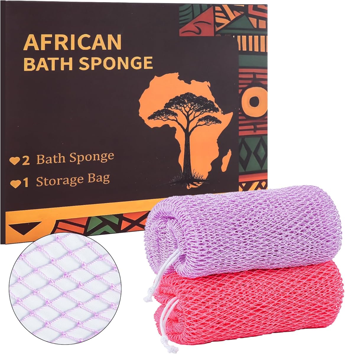 African Net Sponge Authentic with Knots, 2 Pieces Exfoliating Body Scrubber for All Skin Types, Real African Exfoliating Bath Sponge Wash Cloths, Shower Accessories for Women Men, Travel Portable (Pastel Lilac & Pink)