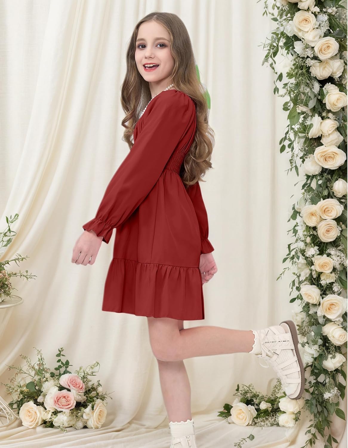 JiAmy Girls Dresses Kids Fall Long Sleeve Smocked Ruffle Tiered Off Shoulder Dress - Image 3