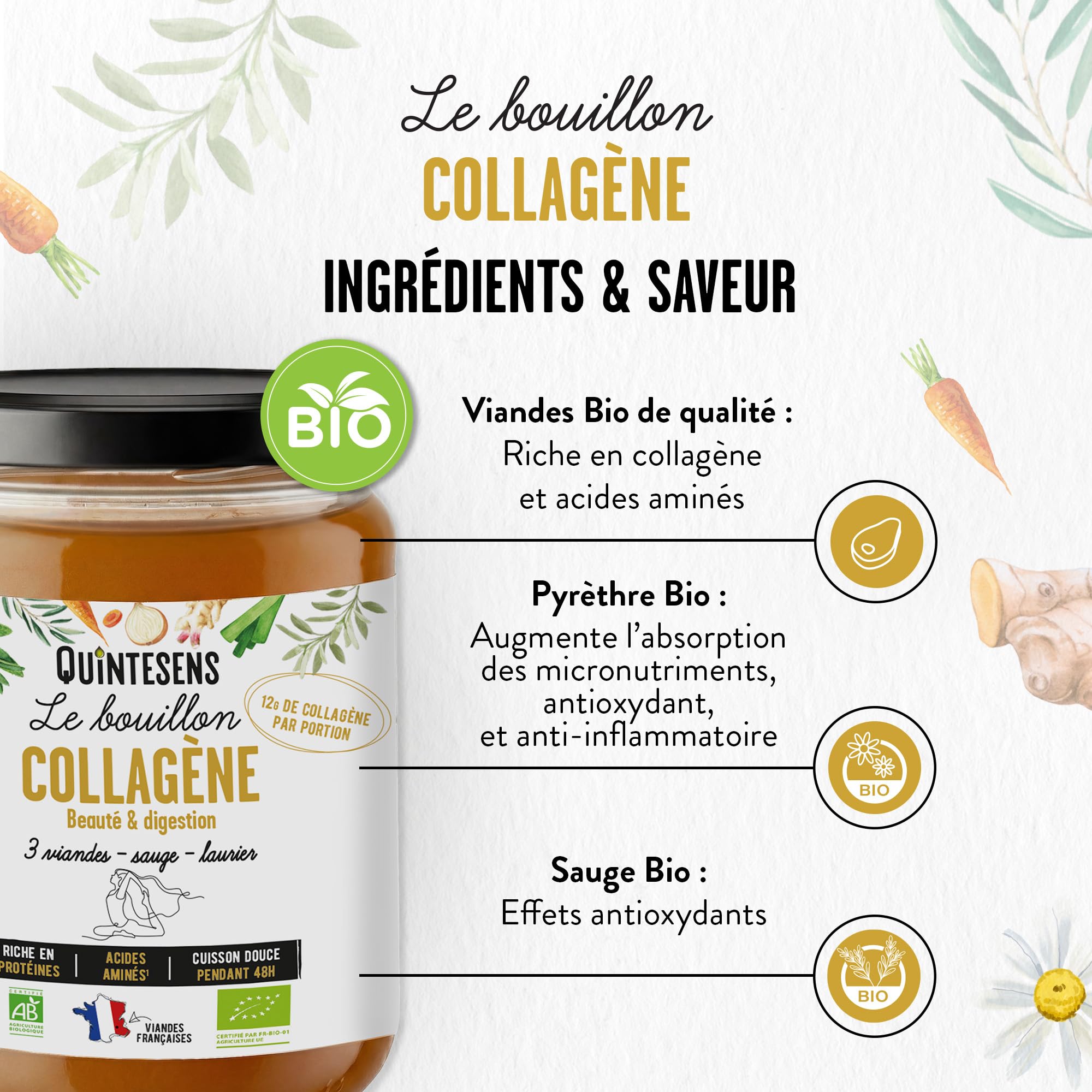 Lot de 6 Bouillons d'Os Collagène QUINTESENS 515 ml – Régénération Peau, Cheveux & Ongles, Récupération Sportive – +15g de Collagène Naturel par Portion – Mijoté 48h - 100% Bio & Naturel