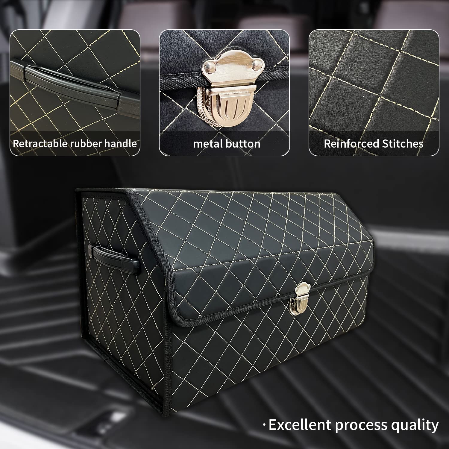 Organizador de maletero para coche con tapa, organizador plegable para SUV y sedanes, caja de almacenamiento de cuero multifuncional, cuadrícula negra, pequeño