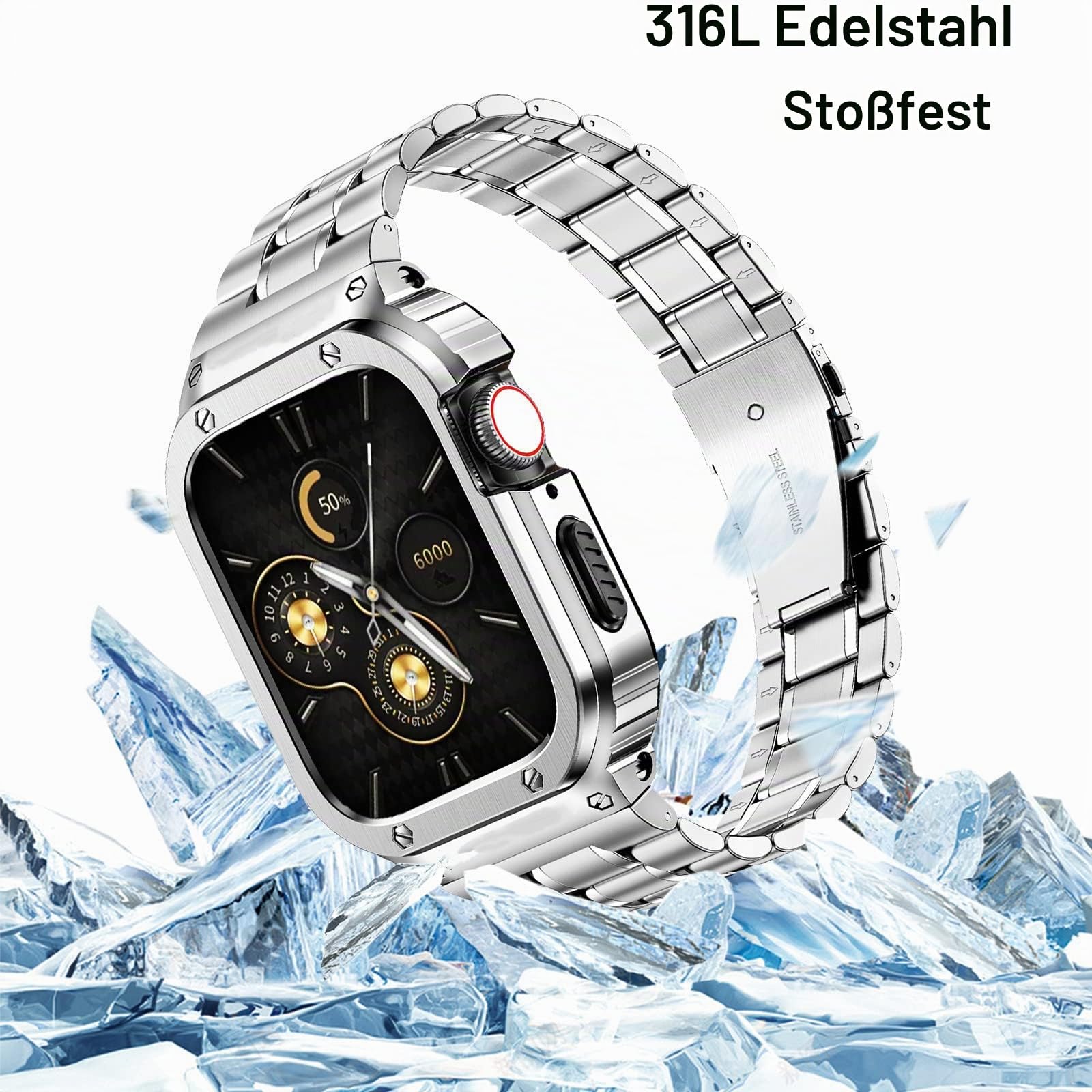 HASLFM Kompatibel mit Apple Watch Armband 45mm Series 9/8/7, Robustes Edelstahl Metall Ersatz Armband mit Gehäuse Cover für iWatch 45mm Series 9/8/7 für Männer, Silber