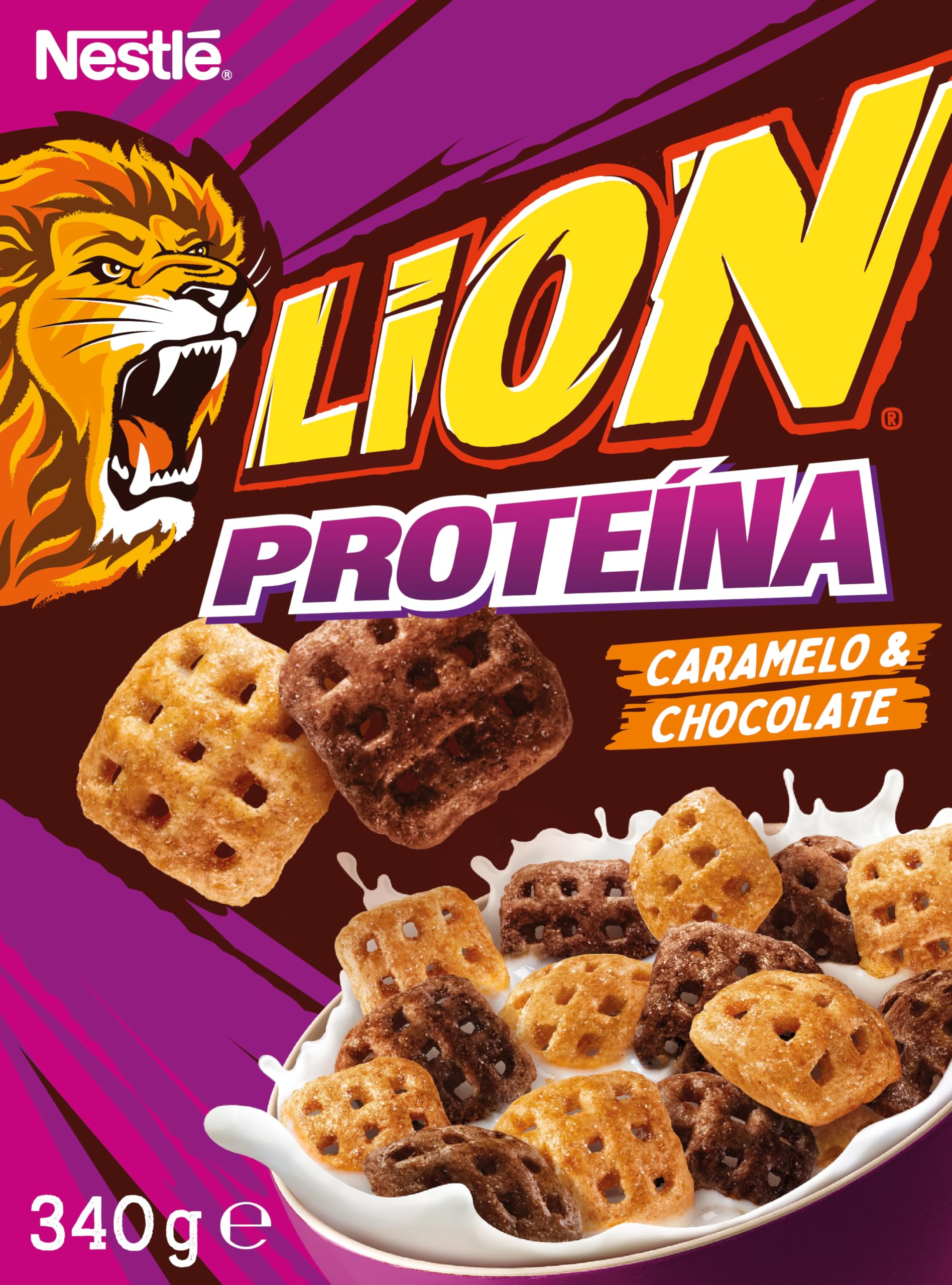 Cereales Nestlé Lion Proteína, Cereales integrales con chocolate y caramelo, 7 estuches de 340g