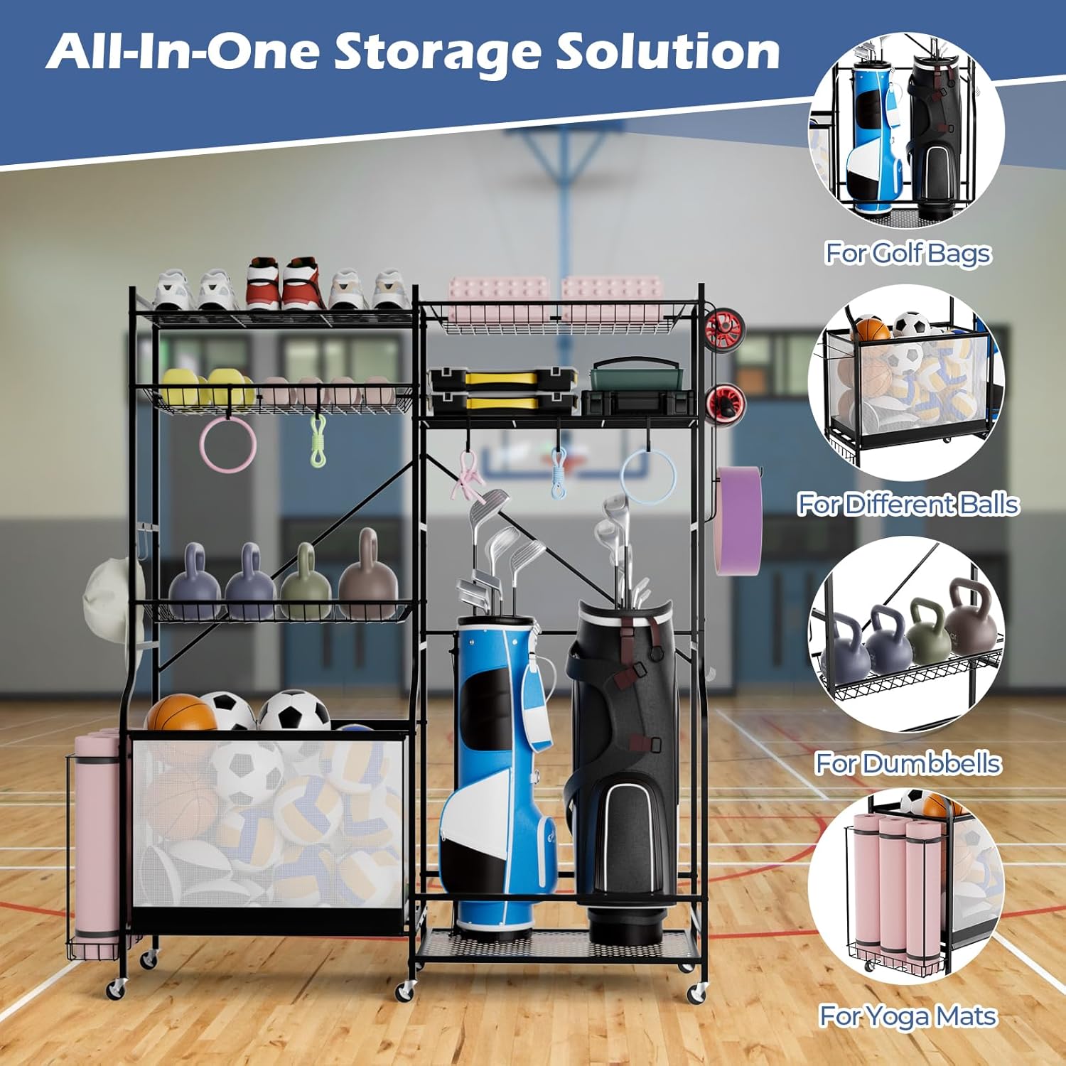 GYMAX Garage Sports Equipment Organizer, Ball Storage with 5 Adjustable Shelves, Side Storage Hook & 13 Removable Hanging Hooks, Garage Toy Storage for Golf Bag, Yoga Mat, Basketball