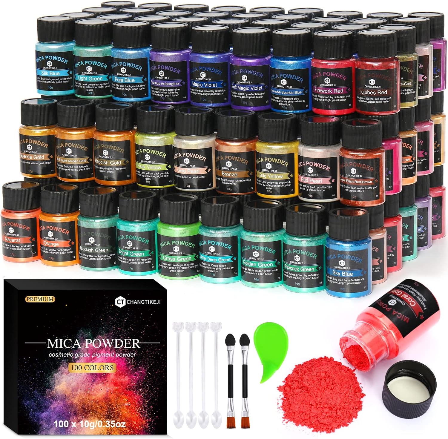 CHANGTIKEJI Mica Powder ，100 Colors - 10g/Bottle of Natural Pigment for Epoxy Resin，Lip Gloss，Eye Shadow,Car Freshies,Dye,Soap Making,Nail Polish,Candle Making,Bath Bombs