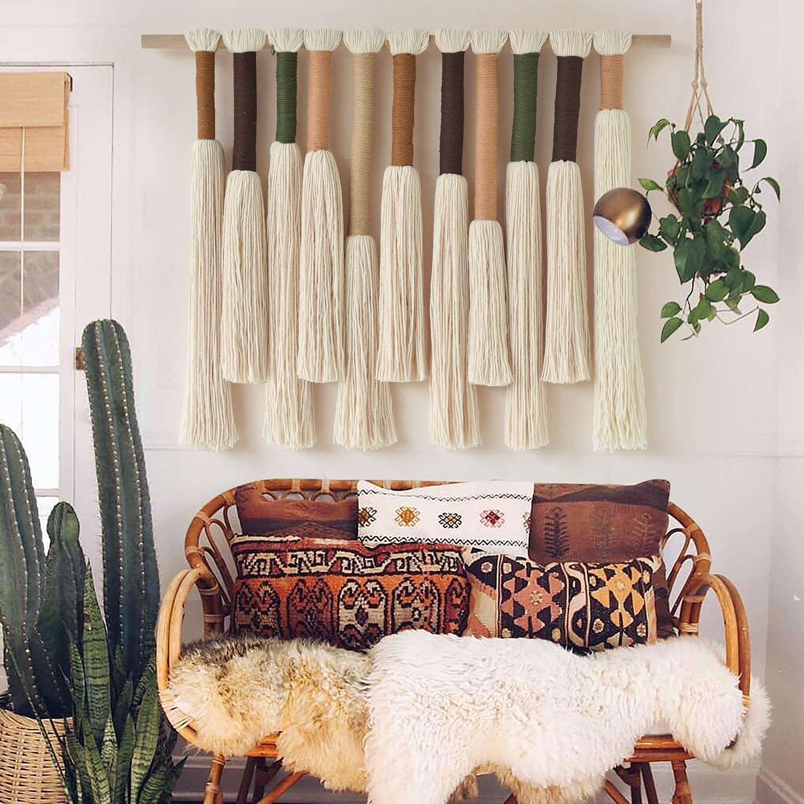 Jakalin Makramee-Wandbehang, Boho-Heimdekoration, handgefertigter Baumwollfaser-Kunst-Wandteppich mit neutralen elfenbeinfarbenen Quasten, moderne böhmische Wanddekoration für Wohnzimmer, Schlafzimmer