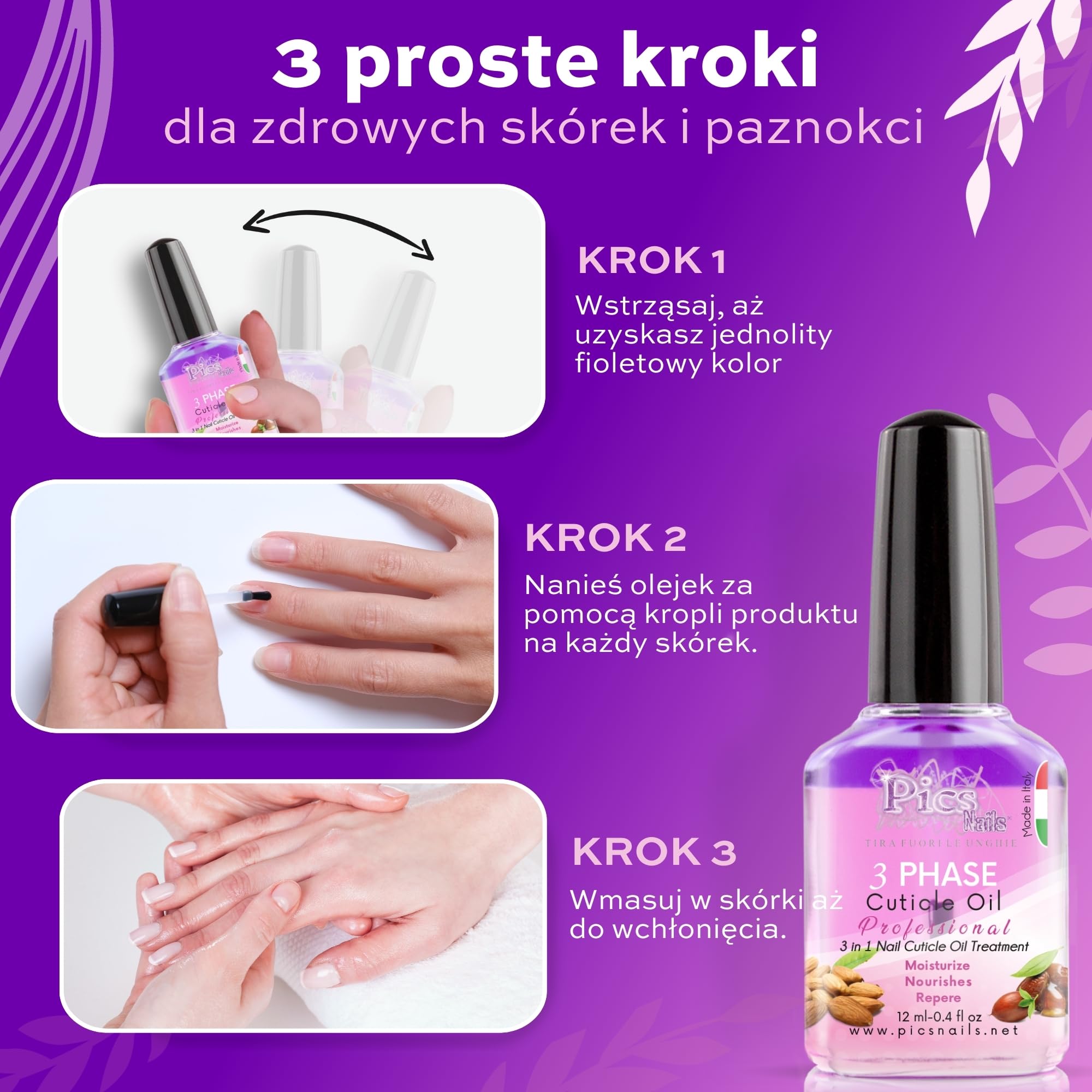 Olejek do skórek do paznokci premium 12 ml, wyprodukowany we Włoszech, formuła do pielęgnacji skórek z olejkiem z czarnej porzeczki, migdałów, jojoba i siemię lniane, regenerujący i nawilżający do