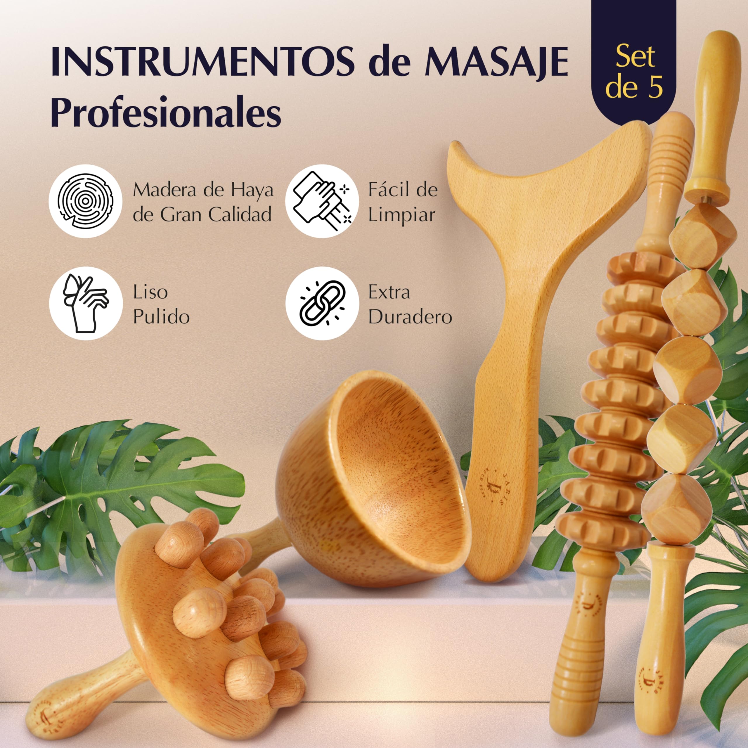 JARIS - Kit de Maderoterapia Corporal Profesional para Masajes - Maderoterapia Abdomen y Celulitis - Pack Maderoterapia con Instrucciones QR - Kit de Maderoterapia Ecofriendly