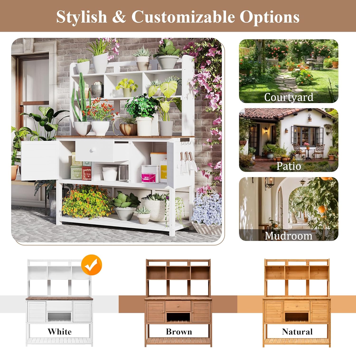 Polibi Solid Fir Wood Potting Bench Garden Workstation with 50.2x19.7 Inch Tabletop,Drawer & Adjustable Shelves,Outdoor Garden Potting Work Table with Storage for Backyard Planting,White