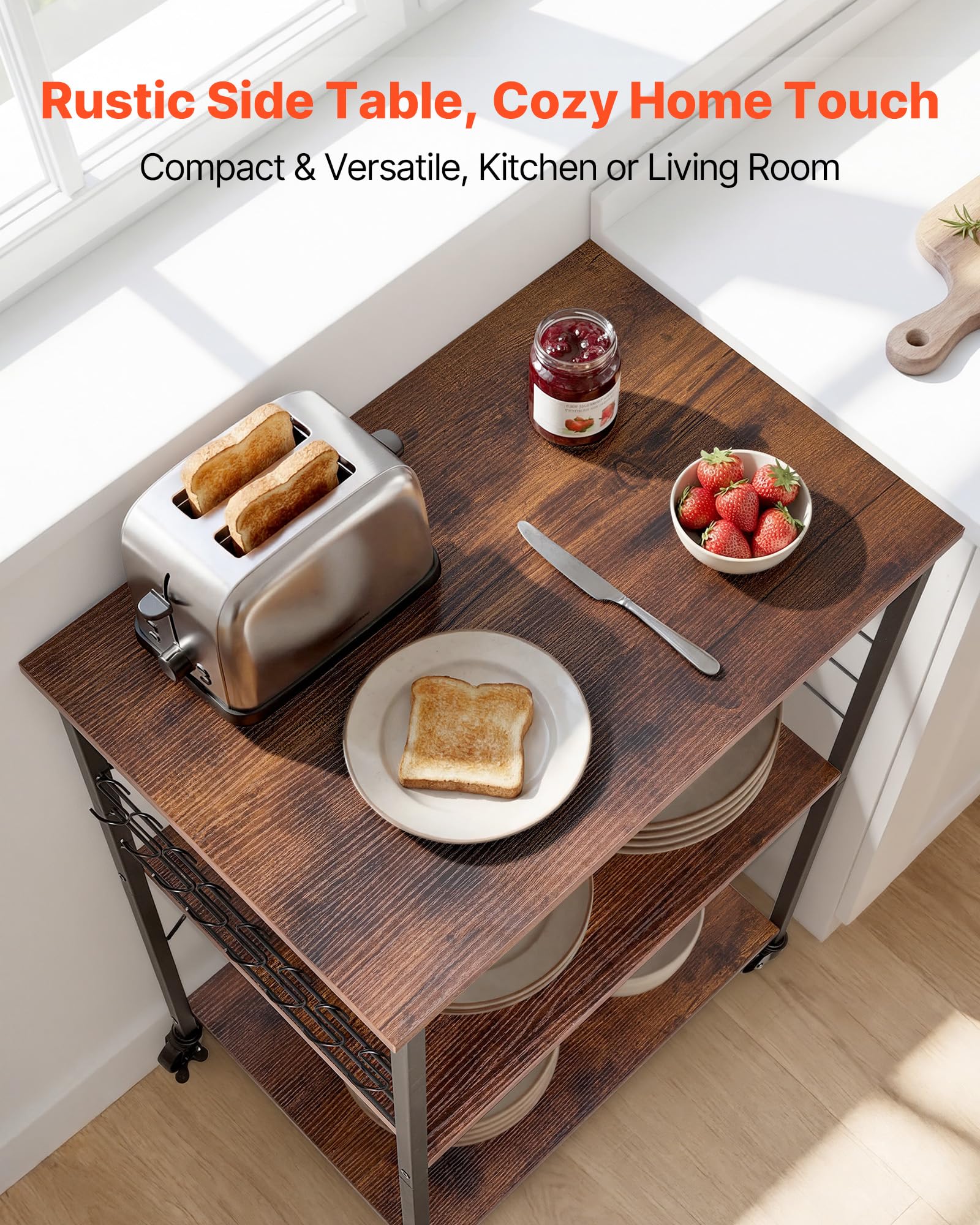 VEVOR Carrello da Cucina 3 Ripiani, Carrello di Servizio da Cucina Portaoggetti Carico da 55 kg con Ruote 8 Ganci Ripiani in Metallo, 602 x 402 x 902 mm, Portaspezie Microonde Utensili Portaoggetti
