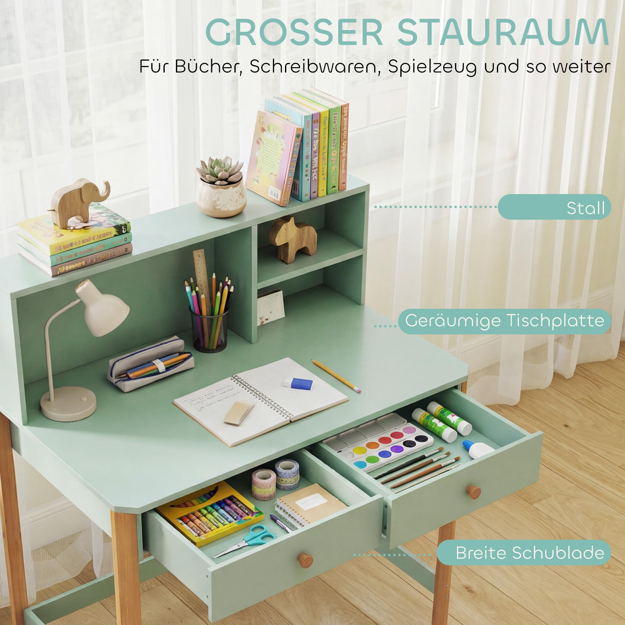 AIYAPLAY Kinderschreibtisch Schülerschreibtisch mit Schubladen Regal Stauraum 90 x 52 x 105 cm Kinder Schreibtisch für 5-12 Jahre Kinder, zum Lernen, Lesen, Malen, Basteln, Spielen Grün