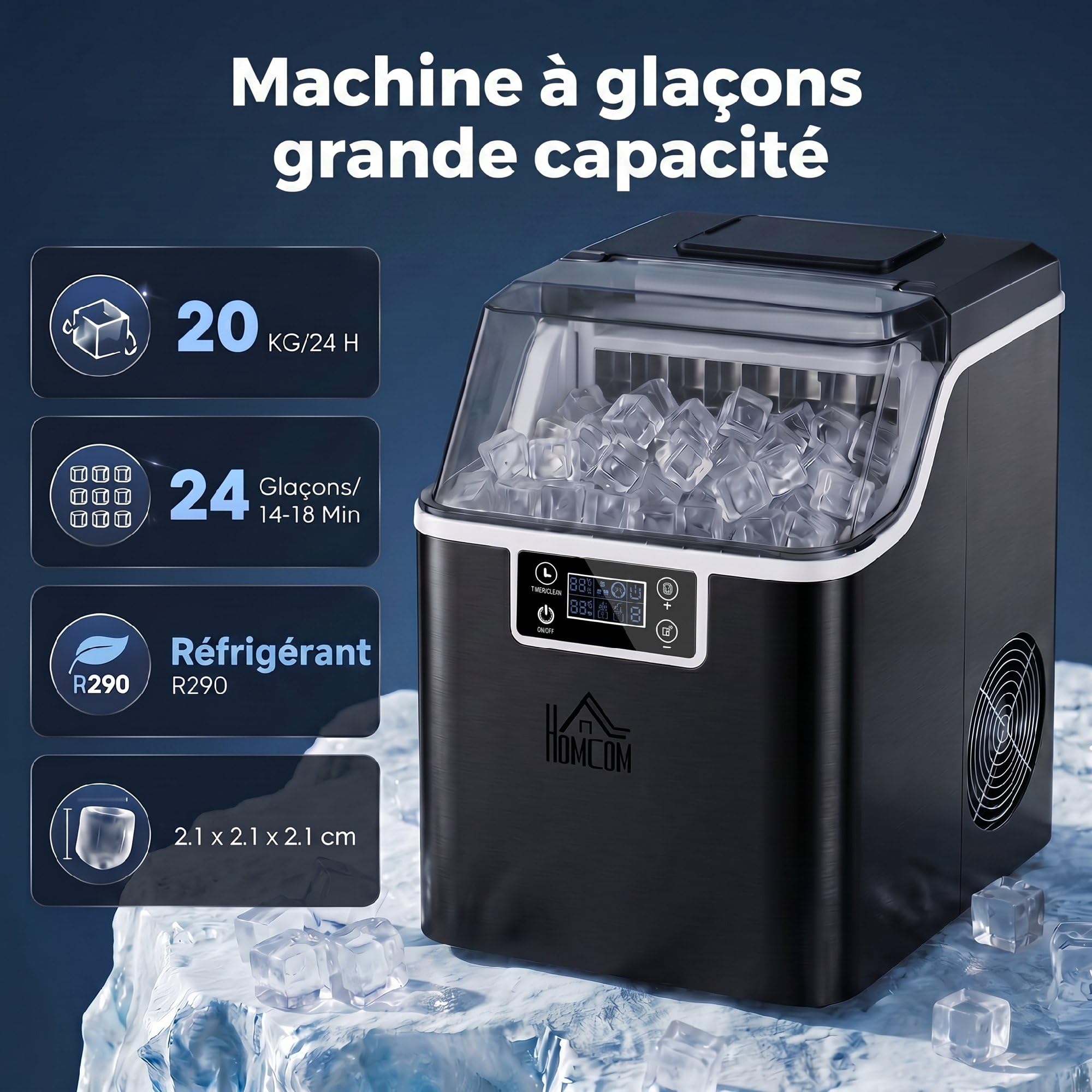 HOMCOM Machine à glaçons, 20 kg en 24h, 24 glaçons en 14-18 min, épaisseur de glaçon réglable, ice maker portable avec fonction autonettoyante, peut charger seau d'eau, pour maison, cuisine, bar, noir