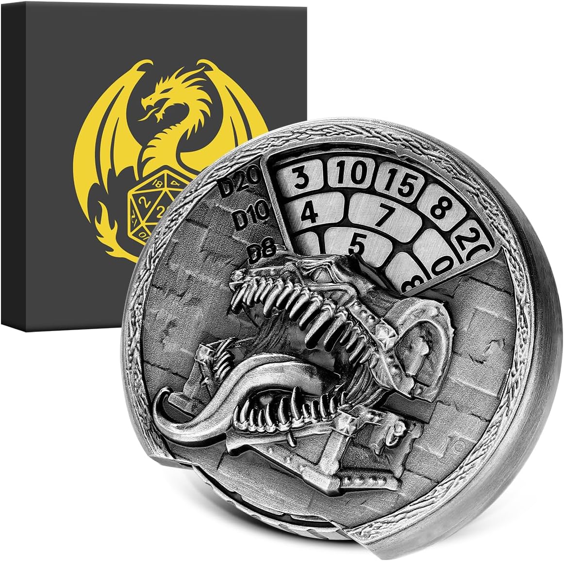 Tongue Treasure Chest Fingertip Gyro, DND Dice Spinner, DND Starter Set, Metal Dice Set, D&D Gifts with Dragon Logo Gift Box, Tabletop Games, Role Playing Board Game Accessories, Silver