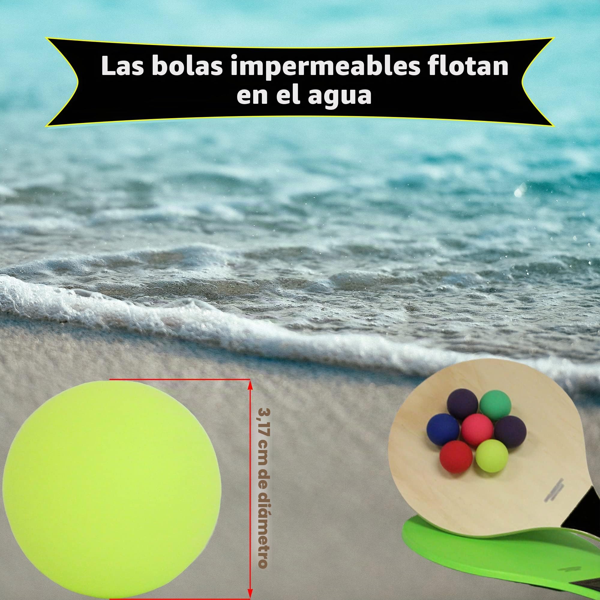 W4W Kadima Beach - Juego de Raqueta de balón de Pala, Paquete Incluye 4 Bolas y 2 paletas