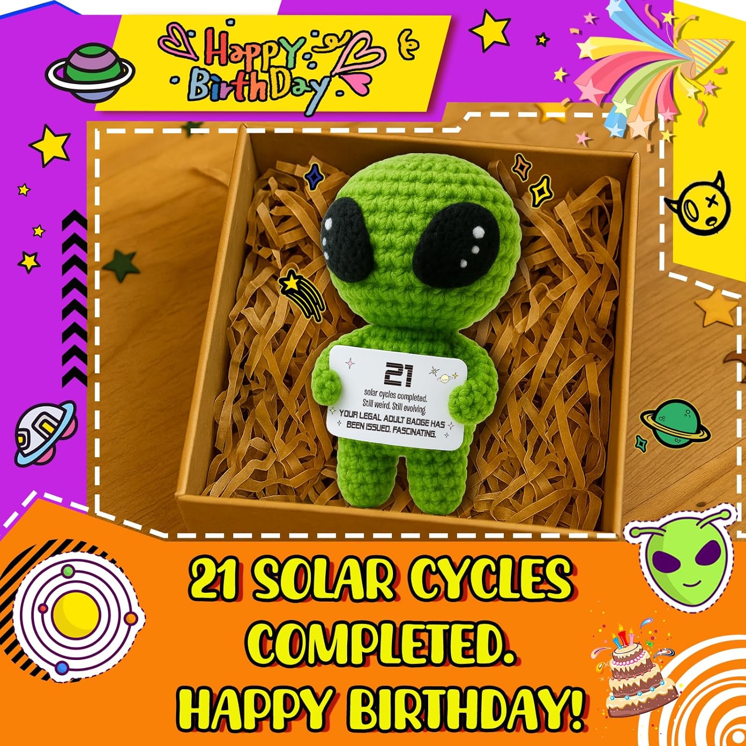 21st Birthday Gifts – Handmade Crochet Alien Plush with Funny Legal Adult Birthday Message Card – Cute 21 Years Old Celebration Gift for Him or Her, Bday Milestone Keepsake - Image 2