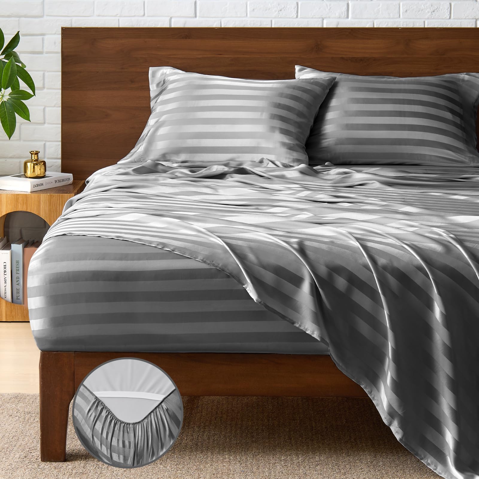 BEDELITE Satin Sheets Queen Size Luxury Jacquard Striped Dark Grey Bedsheets with Elastic Corner Straps Similar to Silk