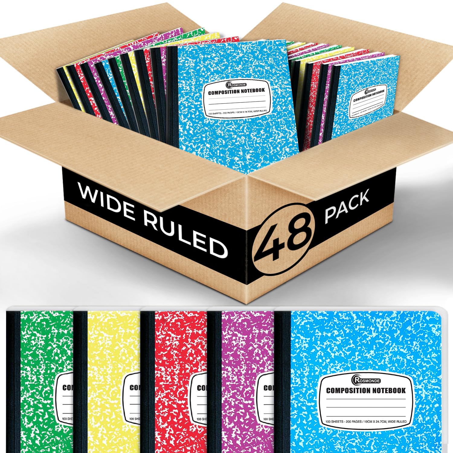 50 Pack Bulk Composition Notebook Wide Ruled, 200 Pages (100 Sheets), 9-3/4 x 7-1/2", Hard Cover, Assorted Colors, Bulk School Supplies, Bulk Marble Composition Notebook For School & Office