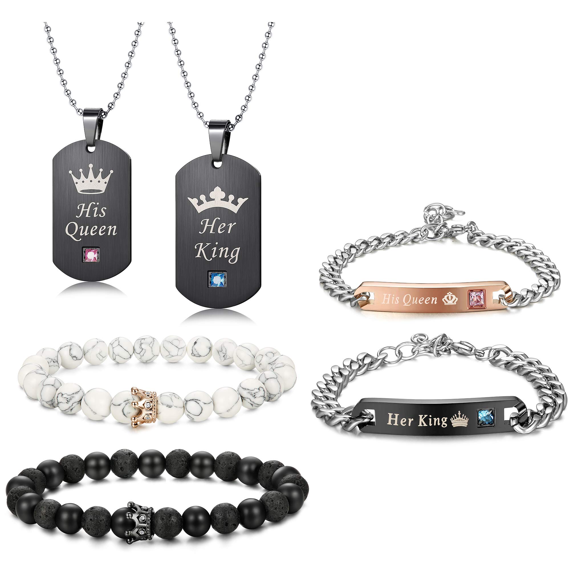 LOYALLOOK6Pcs Couples Necklaces Bracelets Matching Set for Him and Her, His Queen Her King Pendant Necklace His & Hers Bracelets King and Queen Jewelry Gifts for Lover