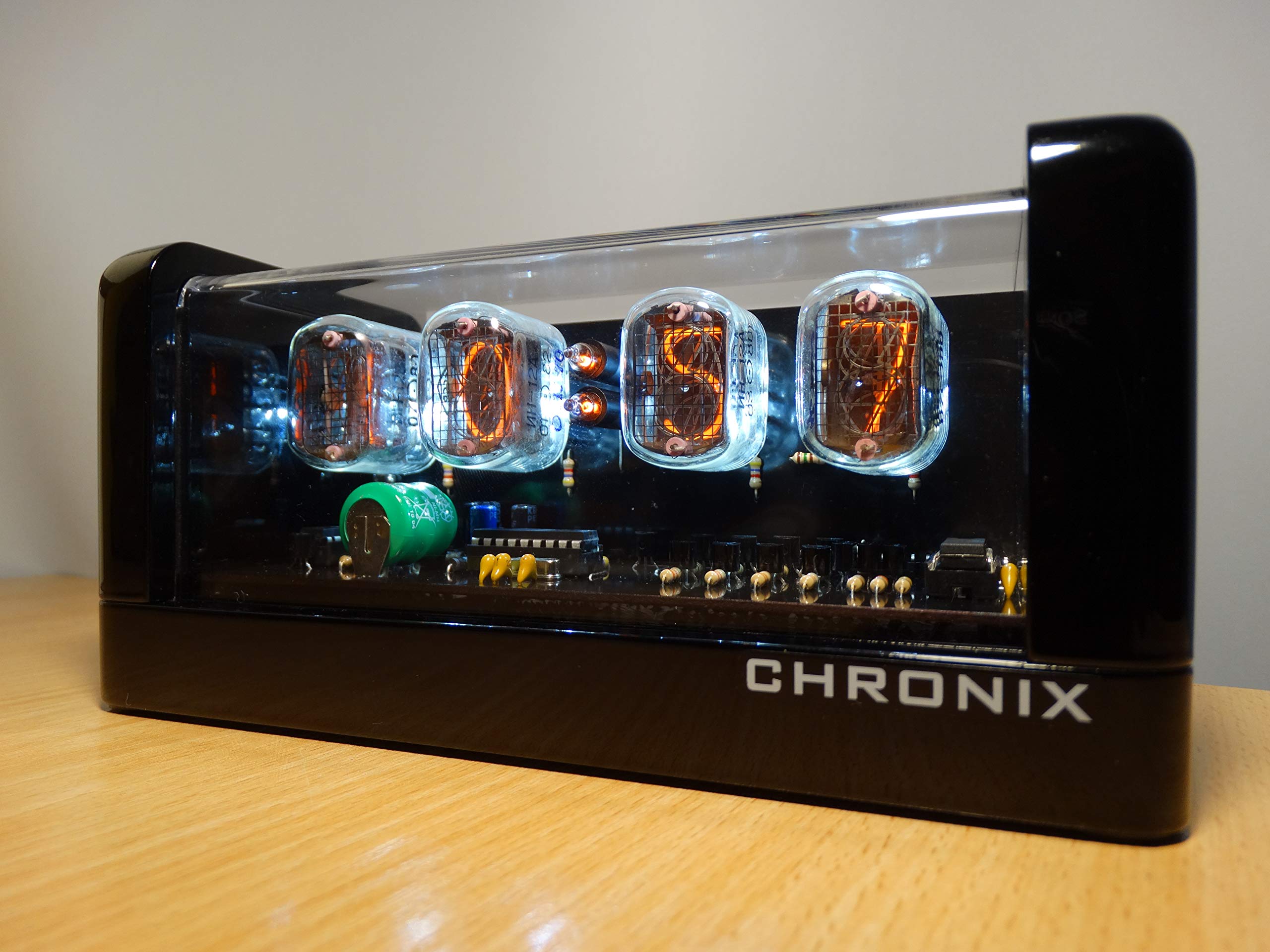 CHRONIX Vintage Nixie Tube Clock with 4xIN-12 displays & alarm & white backlight & black glossy wooden case