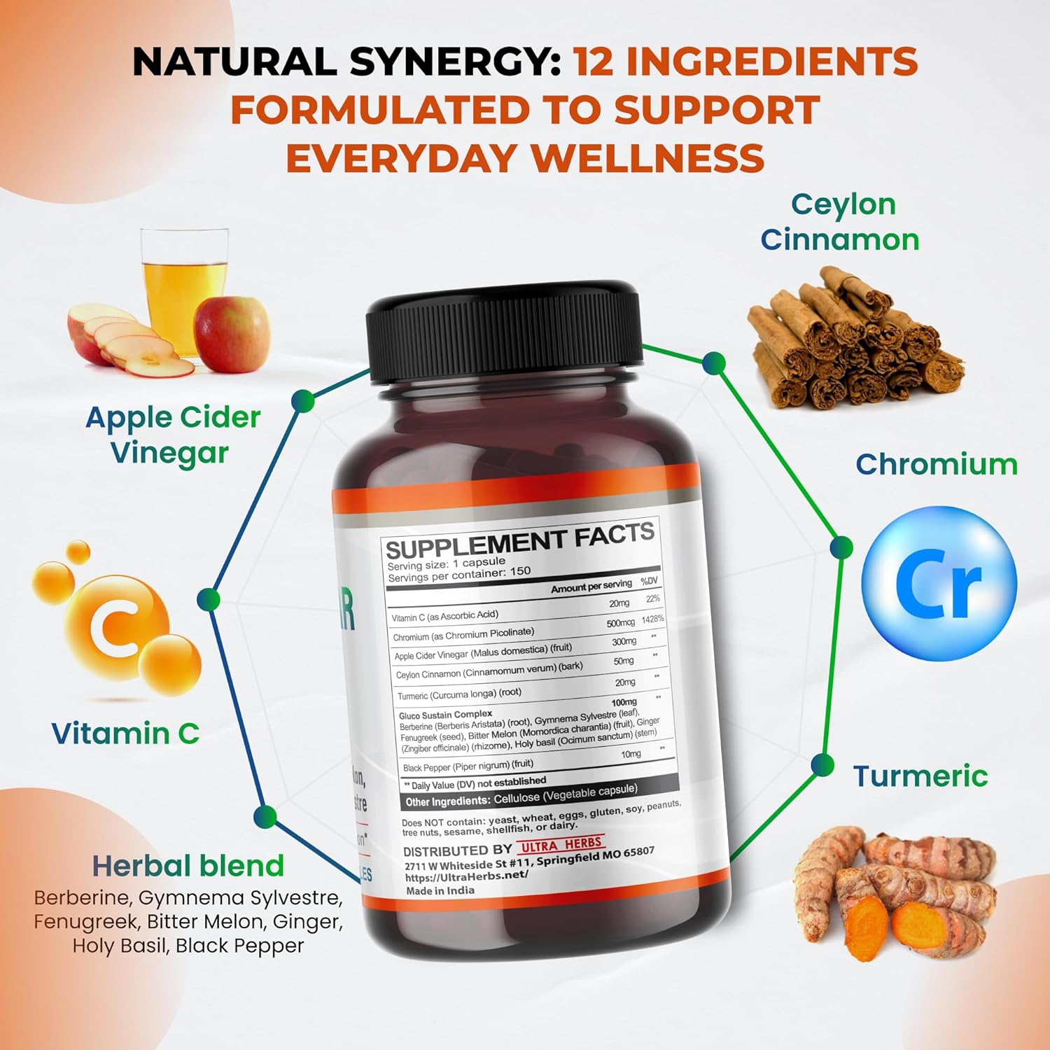 Organic Apple Cider Vinegar Capsules Enhanced with Cinnamon, Turmeric - Ultra Supplement for Digestive, Circulatory, Immunity Support | 150 Capsules - Image 4