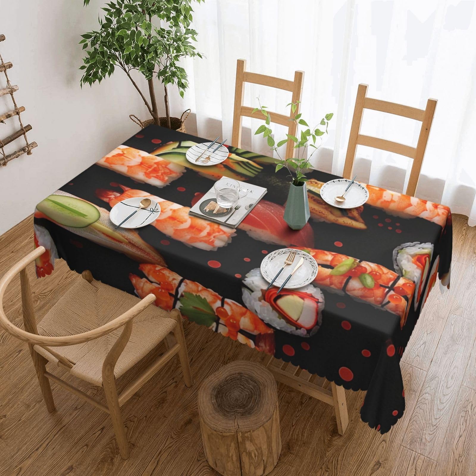 WPKJU Japanese Sushi Shrimp Printed Rectangle Tablecloth 72x54 Inch with Lace Trim, Water-Resistant Washable Table Cover for Farmhouse Weddings, Outdoor Picnics & Holiday Dining