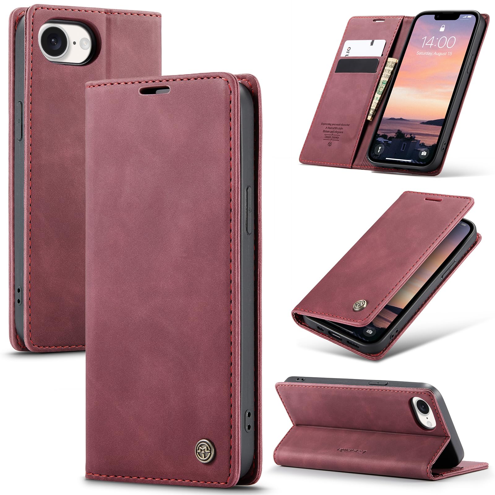 Case for iPhone 16E 5G Premium Leather Phone Cover, Magnetic Stand Flip Case, with Wallet Card Slot Cover for iPhone 16E -Wine Red