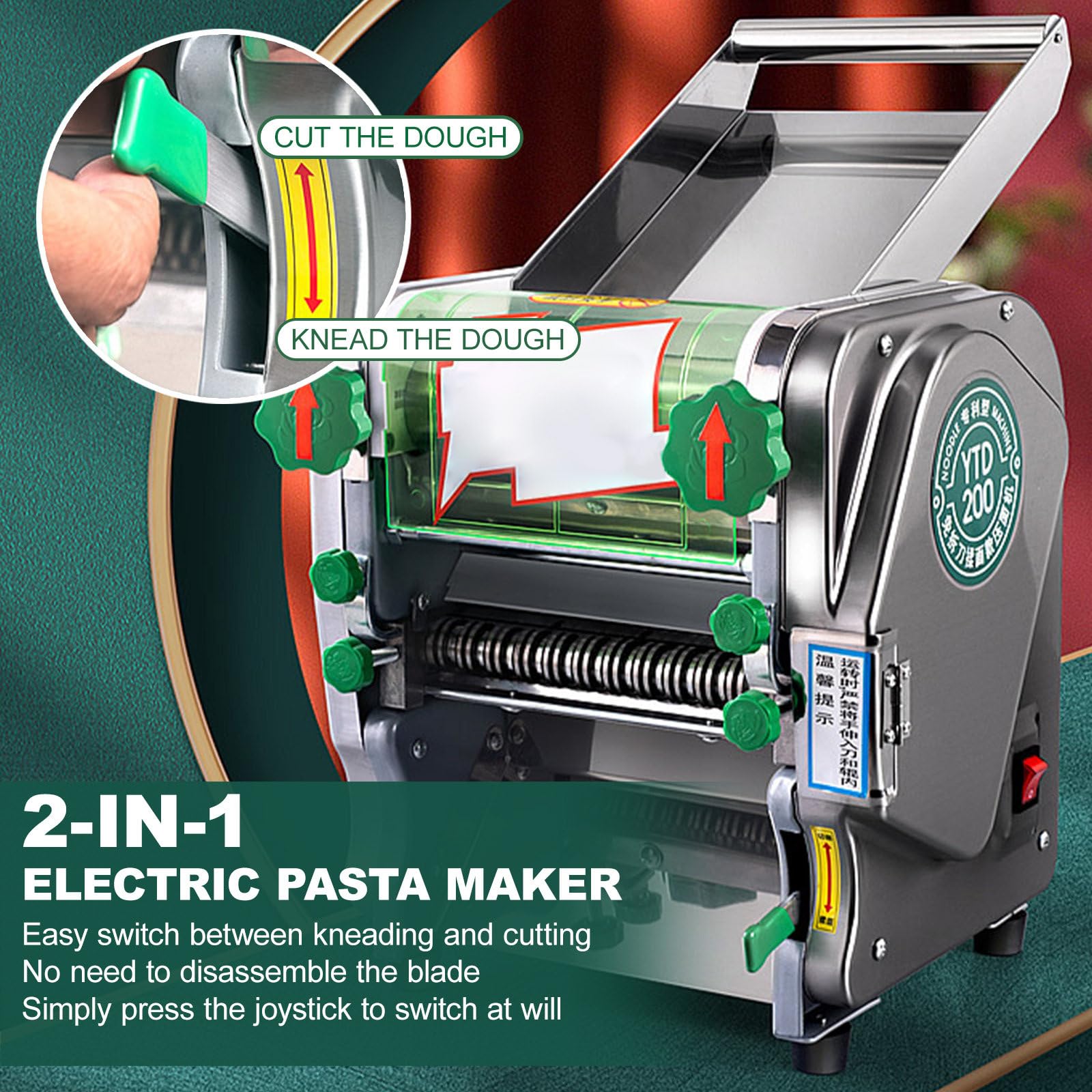 Máquina para Hacer Pasta eléctrica de Acero Inoxidable con 2 moldes de Corte (Fideos de 3/9 mm de Ancho y Fideos Redondos de 1,8 mm) Máquina prensadora de Pasta Fresca de 750 W