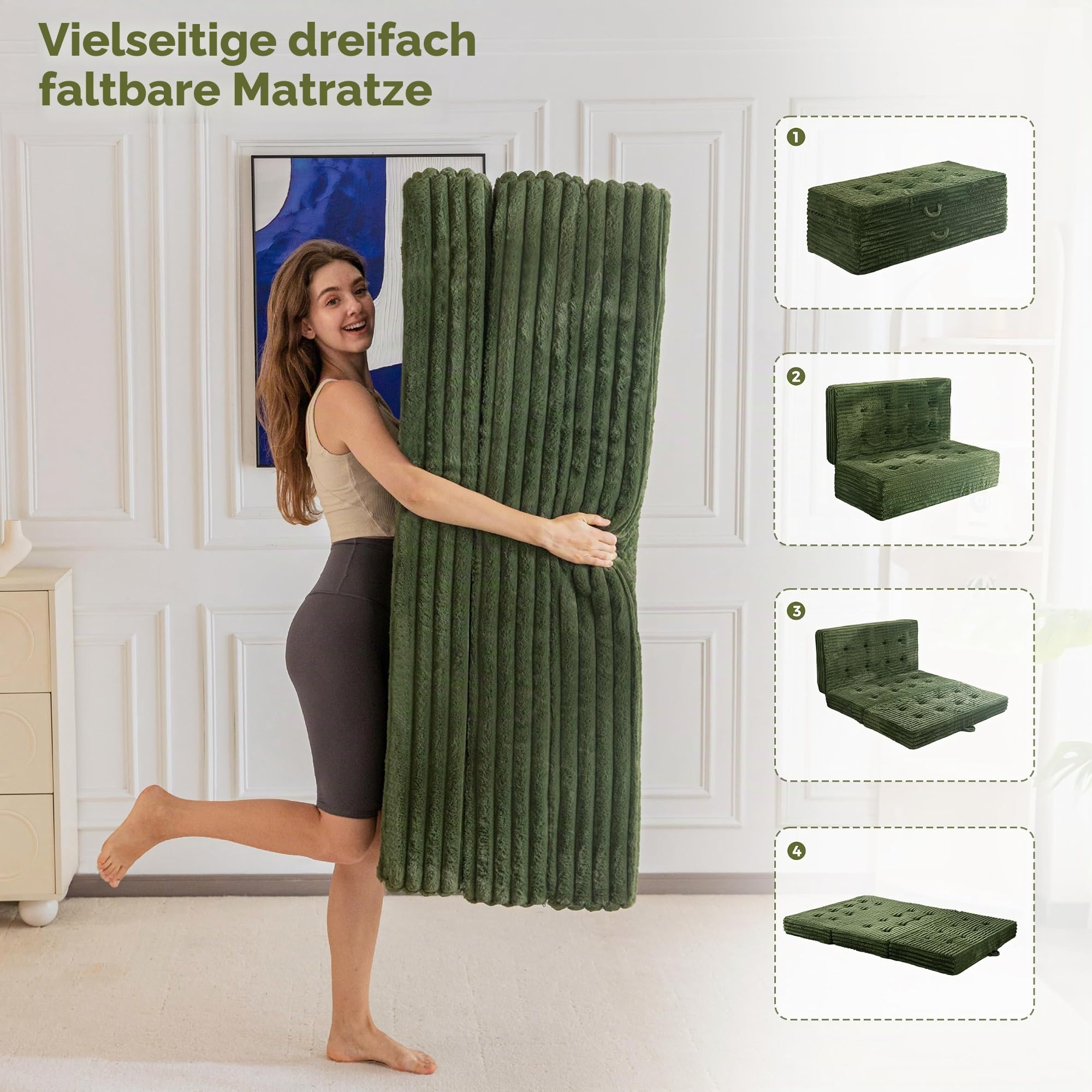 MAXYOYO Klappmatratze Doppelbett, 15cm Gepolsterte Faltbare Matratze mit Hochwertigem Kunstfell, 3-Teilige Gästematratze für Gästebett, Bodenmatratze Klappbar für Wohnzimmer