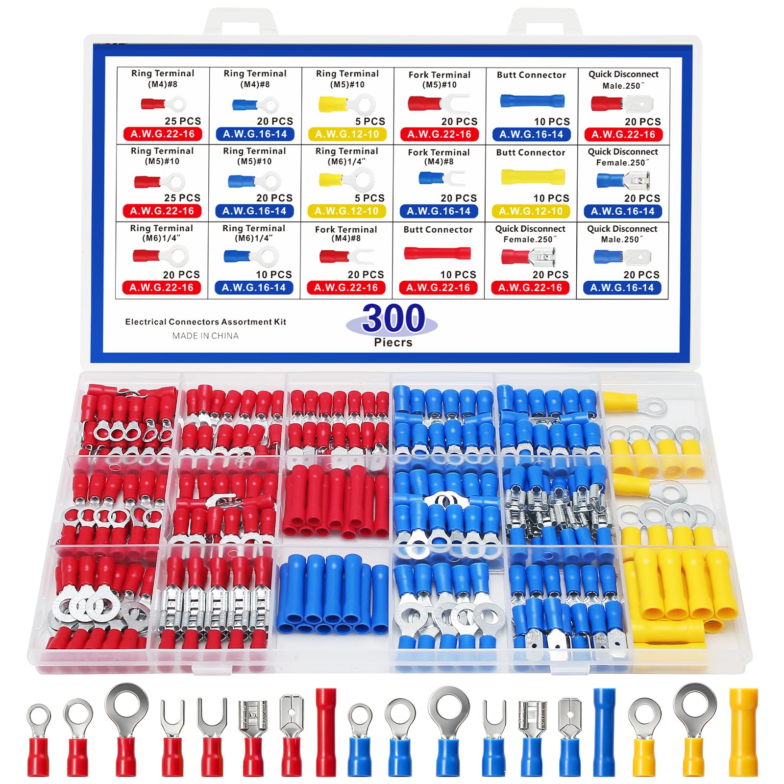 Insulated Electrical Connectors Kit, 22-16/16-14/12-10 Crimp Terminal Set